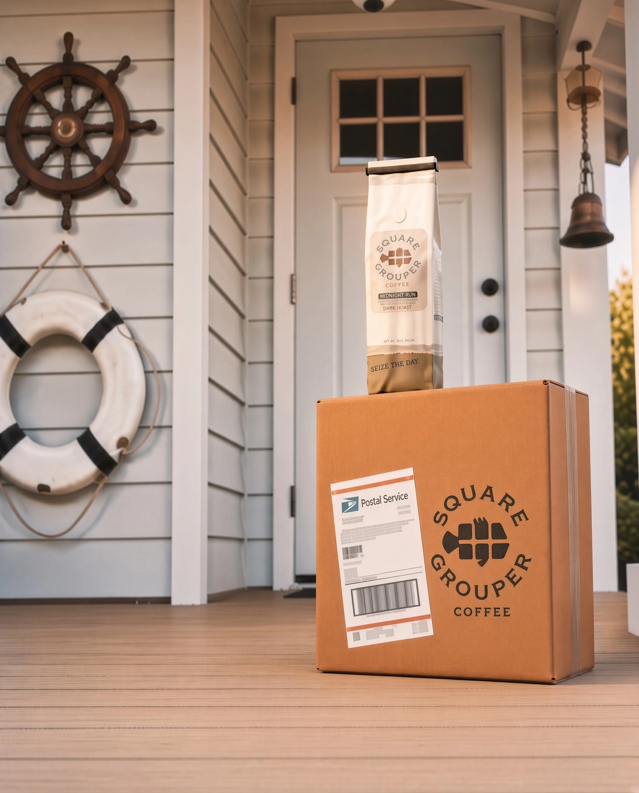 Square Grouper coffee bag on a shipping box at a porch.