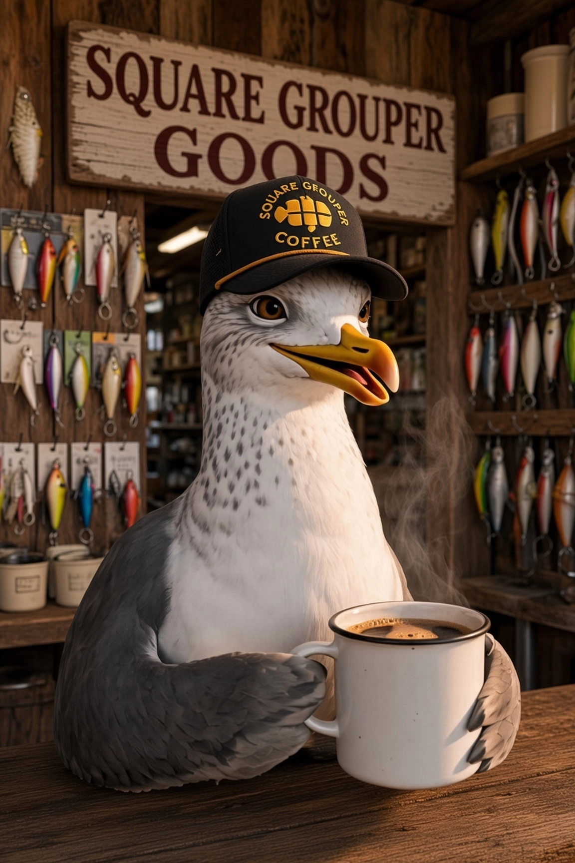 Seagull at the Square Grouper Goods counter with a cup of coffee.